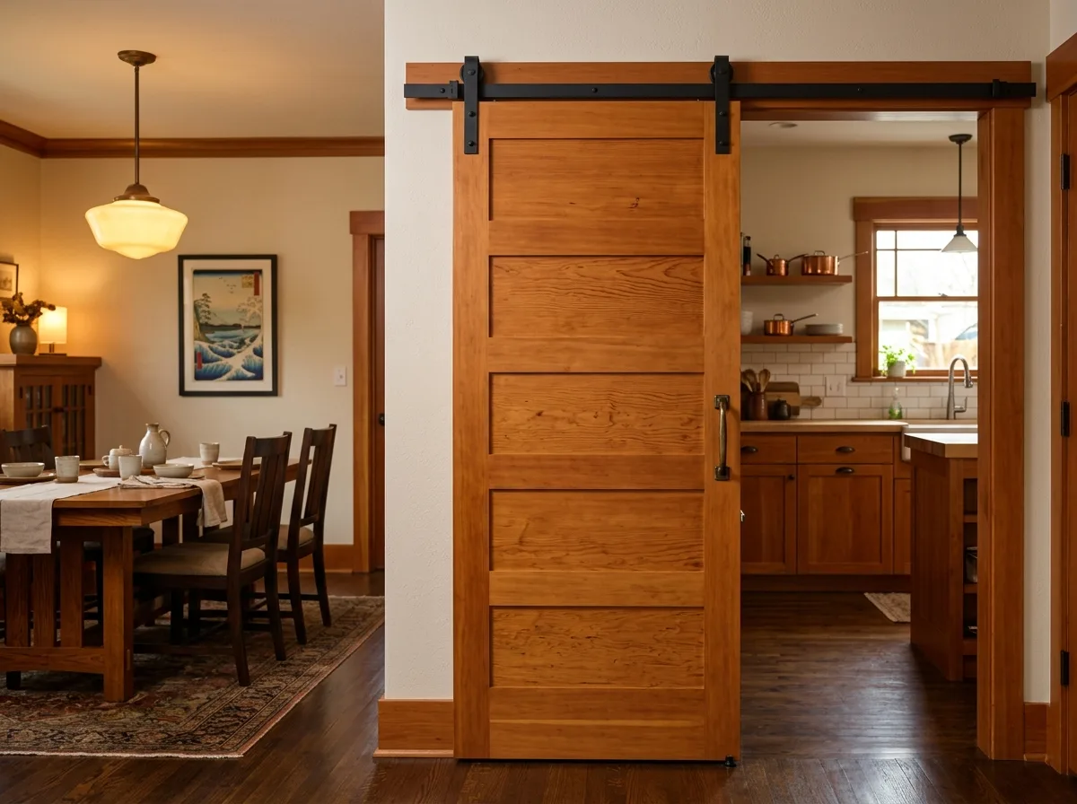 Illustrative five-panel wood sliding door beside a dining room