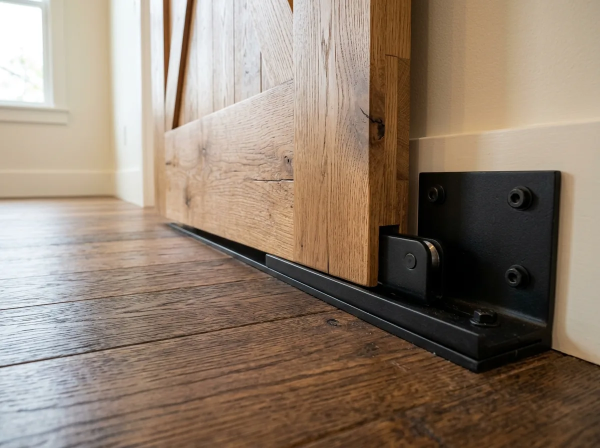 Illustrative close-up of a steel floor guide holding the bottom of a sliding door