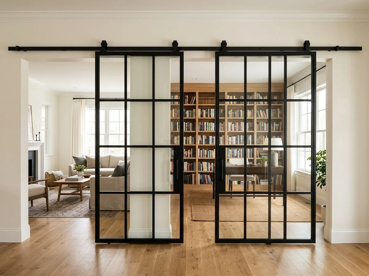 Illustrative pair of black steel-and-glass sliding doors