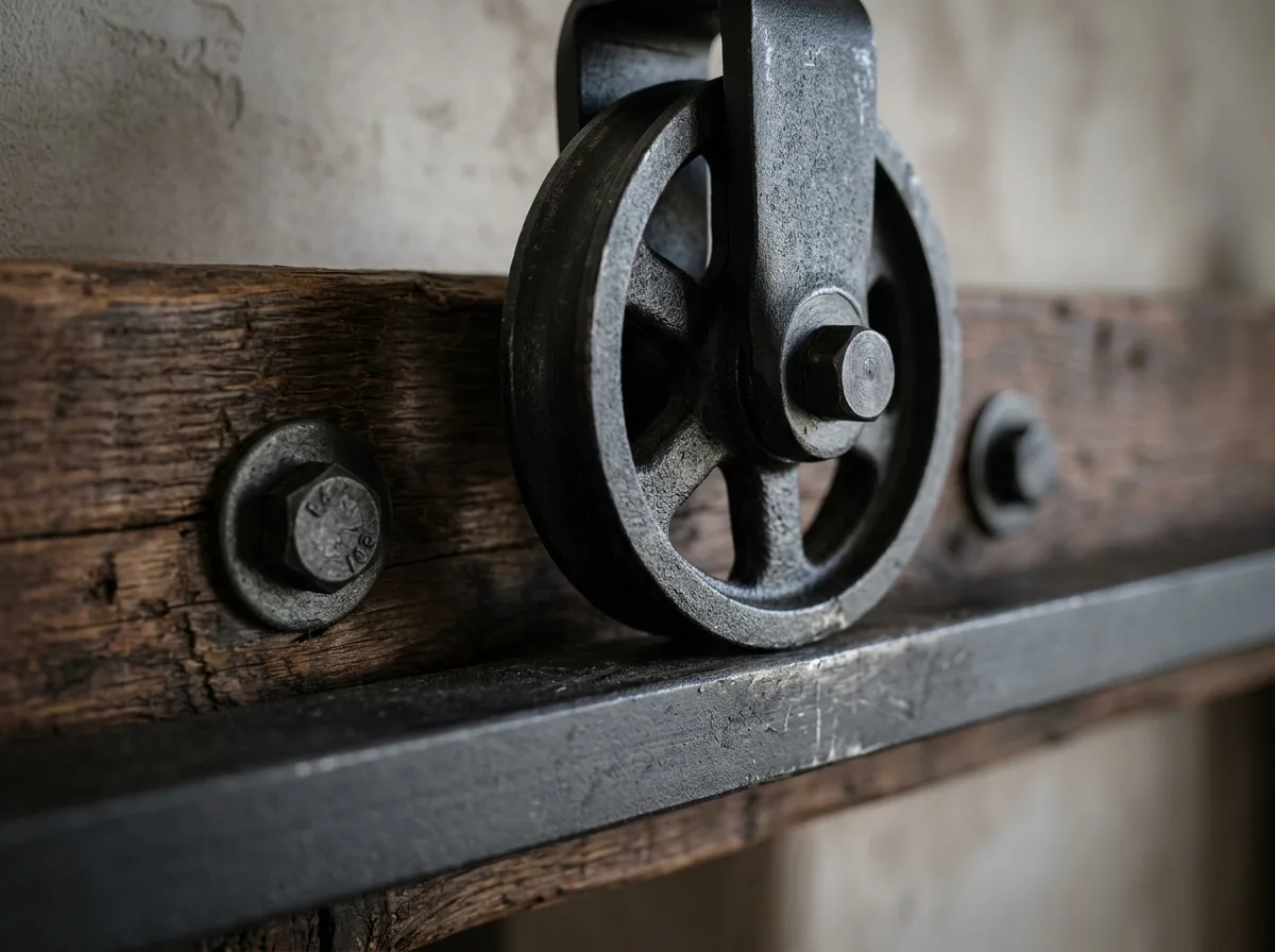Illustrative close-up of a steel roller wheel riding on a sliding-door track