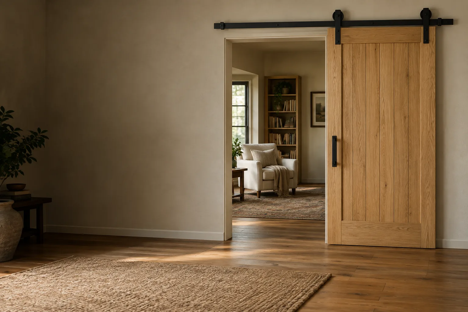 Illustrative oak sliding door beside a reading room with an armchair and bookshelves