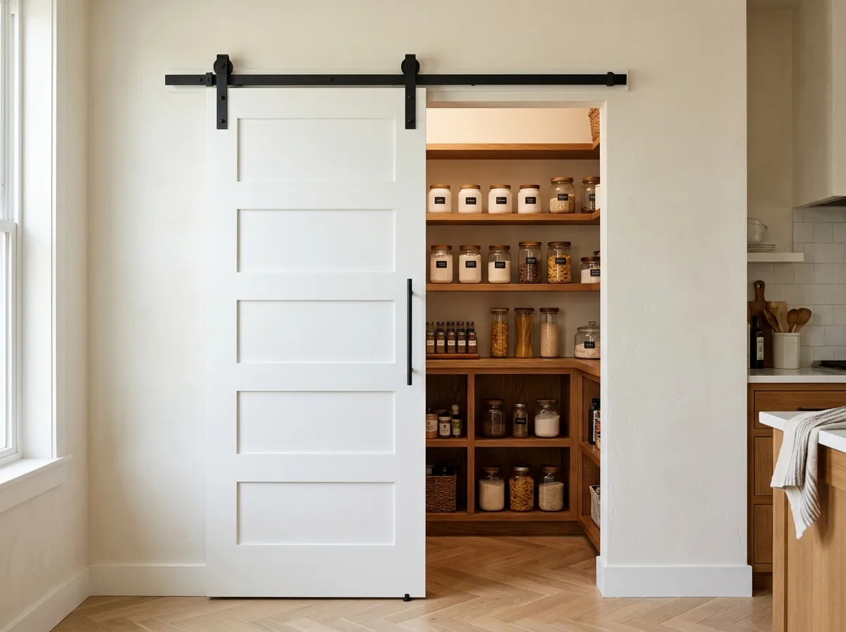 Illustrative white painted sliding door on a pantry