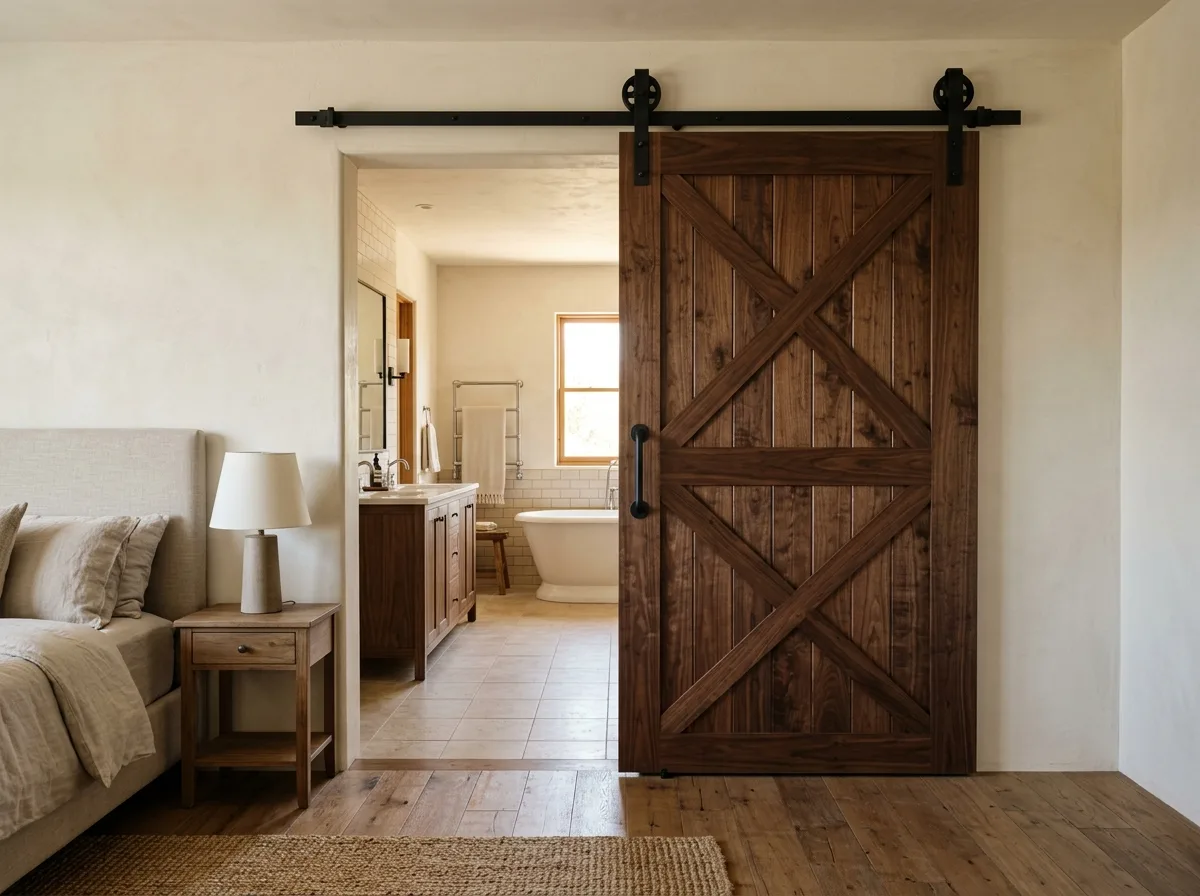 Illustrative walnut sliding door between a bedroom and a bathroom